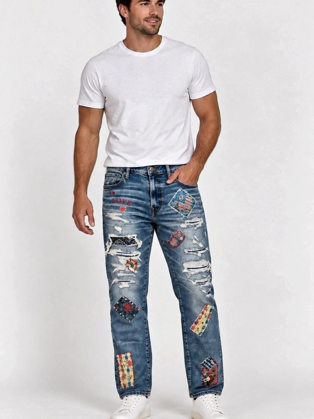 American Eagle Pride Men's Distressed Patchwork Embroidered Jeans 36x30